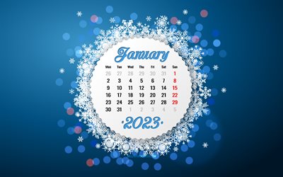 4k, calendario gennaio 2023, distintivo del cerchio bianco, calendari 2023, gennaio, calendari invernali, fiocchi di neve astratti, modello invernale