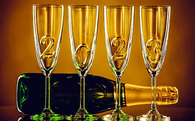 bonne année 2023, champagne, chiffres dans les verres, concepts 2023, soirée, carte de voeux 2023