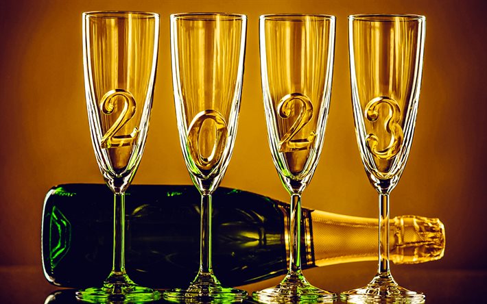 2023 feliz año nuevo, champán, numeros en vasos, 2023 conceptos, feliz año nuevo 2023, tardecita, 2023 tarjeta de felicitación