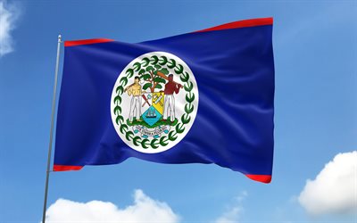 Belize flag on flagpole, 4K, North American countries, blue sky, flag of Belize, wavy satin flags, Belizean flag, Belizean national symbols, flagpole with flags, Day of Belize, North America, Belize flag, Belize