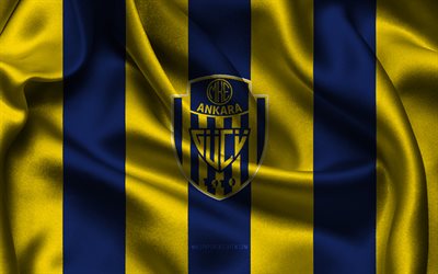 4k, logo di ankaraguçu, tessuto di seta giallo blu, squadra di calcio turca, emblema di ankaragucu, superlig, ankaraguçu, tacchino, calcio, bandiera dell'ankaraguçu