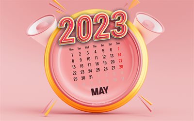 2023年5月カレンダー, 4k, ピンクの背景, 春のカレンダー, 2023年のコンセプト, ピンクの立体時計, 2023年カレンダー, 5月