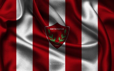 4k, logo dell'hatayspor, tessuto di seta bianco bordeaux, squadra di calcio turca, emblema di hatayspor, superlig, hatayspor, tacchino, calcio, bandiera hatayspor