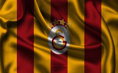 4k, Galatasaray logo, burgundy yellow silk fabric, Turkish football team, Galatasaray emblem, Super Lig, Galatasaray, Turkey, football, Galatasaray flag, Galatasaray SK