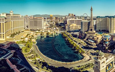Las Vegas, Nevada, aerial view, lake, Bellagio, Las Vegas panorama, Las Vegas Eiffel Tower, MGM Grand, luxury hotels, Las Vegas cityscape, USA