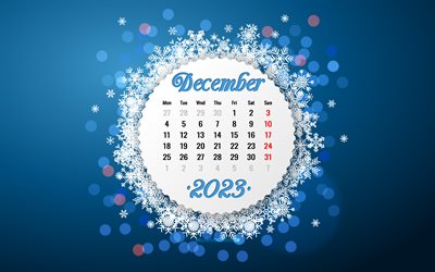 4k, calendario dicembre 2023, distintivo del cerchio bianco, calendari 2023, dicembre, calendari invernali, fiocchi di neve astratti, modello invernale