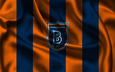 4k, logo istanbul basaksehir, tessuto di seta blu arancione, squadra di calcio turca, emblema di istanbul basaksehir, superlig, istanbul basakshir, tacchino, calcio, bandiera di istanbul basaksehir, basaksehir