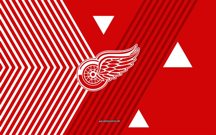 detroit red wings logotyp, 4k, amerikanskt hockeylag, röda vita linjer bakgrund, detroit red wings, nhl, usa, linjekonst, detroit red wings emblem, hockey