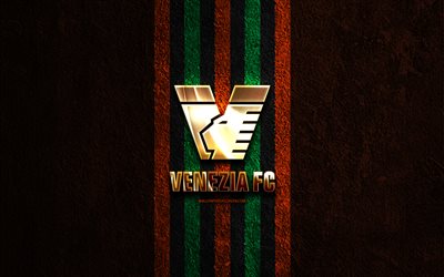 logo doré du venezia fc, 4k, fond de pierre noire, série b, club de football italien, logo du fc venise, football, emblème du venezia fc, venezia calcio, venezia fc