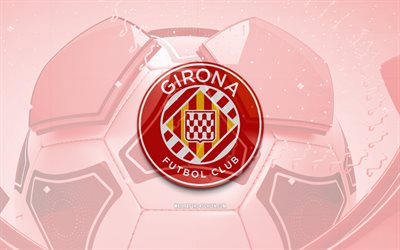 Girona FC glossy logo, 4K, red football background, LaLiga, soccer, spanish football club, Girona FC 3D logo, Girona FC emblem, Girona FC, football, La Liga, sports logo, Girona FC logo, Girona