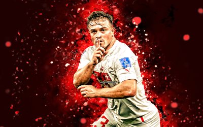 Xherdan Shaqiri, 4k, 2022, red neon lights, Switzerland National Team, soccer, footballers, red abstract background, Swiss football team, Xherdan Shaqiri 4K