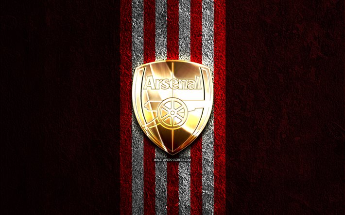 logotipo dorado del arsenal fc, 4k, fondo de piedra roja, liga premier, club de fútbol inglés, logotipo del arsenal fc, fútbol, escudo del arsenal fc, fc arsenal, arsenal