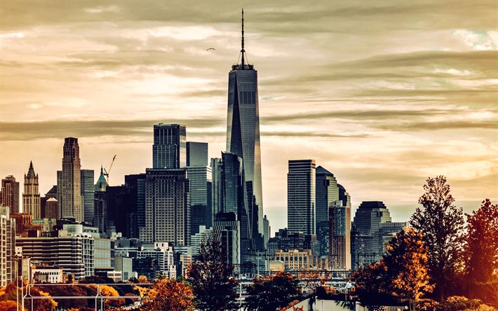 new york, centro mondiale del commercio 1, grattacieli, manhattan, autunno, sera, tramonto, paesaggio urbano di new york, orizzonte di new york, stati uniti d'america