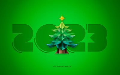 새해 복 많이 받으세요 2023, 4k, 녹색 배경, 3d 크리스마스 트리, 2023년 컨셉, 2023 새해 복 많이 받으세요, 크리스마스 트리가 있는 2023 배경, 2023 템플릿