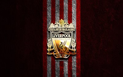 شعار نادي ليفربول الذهبي, 4k, الحجر الأحمر الخلفية, الدوري الممتاز, نادي كرة القدم الانجليزي, شعار نادي ليفربول, كرة القدم, نادي ليفربول, lfc, ليفربول