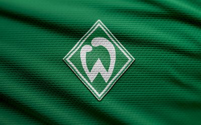 Werder Bremen fabric logo, 4k, green fabric background, Bundesliga, bokeh, soccer, Werder Bremen logo, football, Werder Bremen emblem, SV Werder Bremen, german football club, Werder Bremen FC