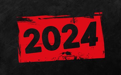 4k, 2024 새해 복 많이 받으세요, 빨간 그런지 숫자, 회색 돌 배경, 2024 개념, 2024 초록 숫자, 새해 복 많이 받으세요 2024, 그런지 예술, 2024 빨간색 배경, 2024 년