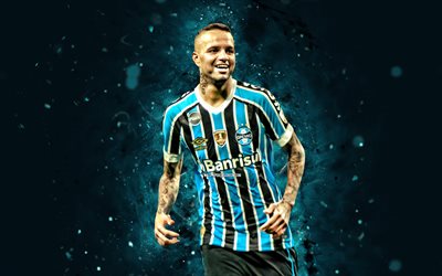 Luan, 4k, blue neon lights, Gremio FC, Brazilian Serie A, brazilian footballers, Luan 4K, football, soccer, blue abstract background, Gremio FBPA, Luan Gremio