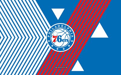 필라델피아 76ers 로고, 4k, 미국 농구 팀, 파란색 화이트 라인 배경, 필라델피아 76ers, nba, 미국, 라인 아트, 필라델피아 76ers emblem, 농구
