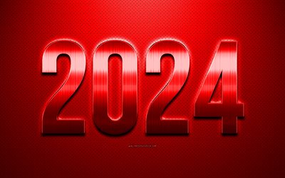 4k, 2024 mutlu yıllar, kırmızı 2024 arka plan, 2024 metal harfler, mutlu yıllar 2024, mor doku, 2024 kavramlar, 2024 tebrik kartı