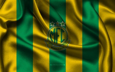4k, logo mirassol fc, tessuto di seta verde giallo, team di calcio brasiliana, emblema di mirassol fc, serie brasiliana b, mirassol fc, brasile, calcio, flag mirassol fc