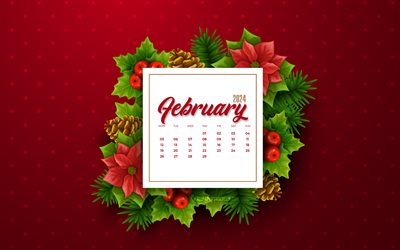 calendario di febbraio 2024, 4k, elementi di natale, 2024 concetti, febbraio, sfondo rosso, modello 2024, arte creativa
