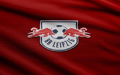 logotipo de tecido rb leipzig, 4k, fundo de tecido vermelho, bundesliga, bokeh, futebol, logotipo rb leipzig, emblema de rb leipzig, rb leipzig, clube de futebol alemão, rb leipzig fc