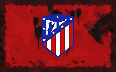 atletico madrid grunge logo, 4k, la liga, röd grunge bakgrund, fotboll, atletico madrid emblem, atletico madrid  logotyp, atletico madrid, spansk fotbollsklubb, atletico madrid fc