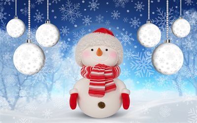 muñeco de nieve, invierno, nieve, año nuevo, feliz navidad, muñeco de nieve 3d, antecedentes con un muñeco de nieve