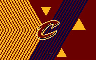 Cleveland Cavaliers logo, 4k, American basketball team, burgundy yellow lines background, Cleveland Cavaliers, NBA, USA, line art, Cleveland Cavaliers emblem, basketball