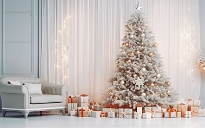 weihnachtsinnenraum, weißer weihnachtsbaum, geschenke, weihnachtsabend, frohe weihnachten, weihnachtskartenhintergrund