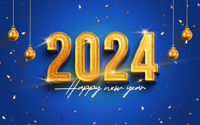 4k, 2024 felice anno nuovo, cifre 3d dorate, 2024 sfondo blu, 2024 concetti, palle di natale d'oro, 2024 cifre dorate, decorazioni di natale, felice anno nuovo 2024, creativo, 2024 anni, buon natale