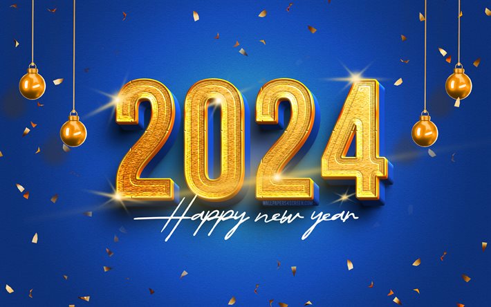 4k, 2024 feliz ano novo, dígitos 3d dourados, 2024 fundo azul, 2024 conceitos, bolas de natal golden, 2024 dígitos de ouro, decorações de natal, feliz ano novo 2024, criativo, 2024 anos, feliz natal