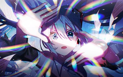 Hatsune Miku, 4k, Vocaloid, protagonist, heterochromia, manga, umbrella, Vocaloid characters, japanese virtual singers, Hatsune Miku Vocaloid