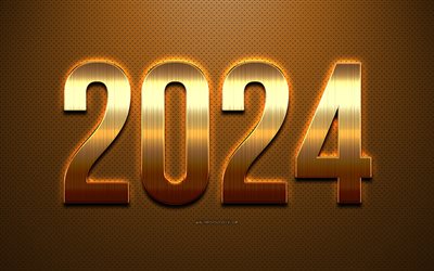 4k, 2024 새해 복 많이 받으세요, 골드 2024 배경, 2024 금속 문자, 새해 복 많이 받으세요 2024, 자주색 질감, 2024 개념, 2024 인사말 카드
