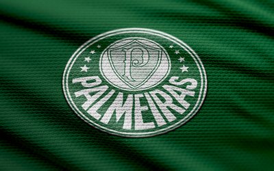 SE Palmeiras fabric logo, 4k, green fabric background, Brazilian Serie A, bokeh, soccer, SE Palmeiras logo, football, SE Palmeiras emblem, SE Palmeiras, Brazilian football club, Palmeiras FC
