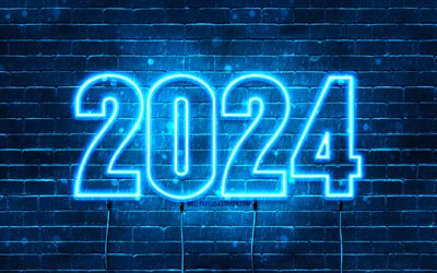 4k, Happy New Year 2024, blue brickwall, 2024 concepts, 2024 blue neon digits, 2024 Happy New Year, neon art, creative, 2024 blue background, 2024 year, 2024 blue digits