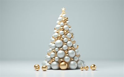 Christmas white tree, Merry Christmas, Christmas greeting card, Happy New Year, Christmas 3D tree, 3D balls Christmas tree