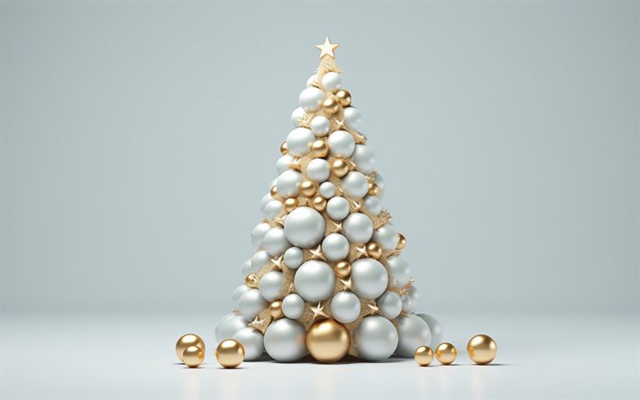 شجرة عيد الميلاد الأبيض, عيد ميلاد مجيد, بطاقة تحية عيد الميلاد, سنة جديدة سعيدة, شجرة عيد الميلاد 3d, 3d كرات الشجرة عيد الميلاد