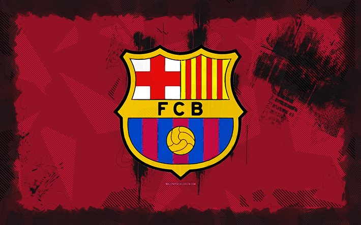 fc barcelona grunge  logotyp, 4k, la liga, lila grunge bakgrund, fotboll, fc barcelona emblem, fc barcelona  logotyp, fc barcelona, fcb, spansk fotbollsklubb, barcelona fc