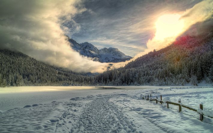 road, lake, winter, snow, Austria, Alps, HDR
