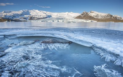 氷, 湖, 冬, 山々, 氷河, アイスランド