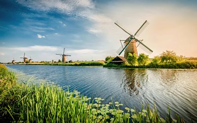moulin à vent, rivière, ciel bleu, Rotterdam, pays-bas