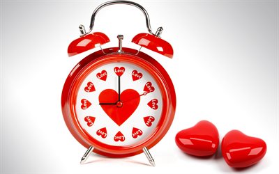 kırmızı kalpler, çalar saat, zaman, aşk, 14 Şubat Sevgililer Günü