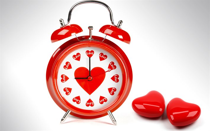 قلوب حمراء, ساعة منبه, الوقت, الحب, في 14 شباط, عيد الحب