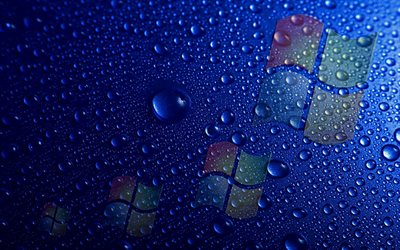 Windows logo, water drops, blue background