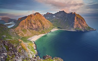 montanhas, costa, vista das alturas, mar, noruega