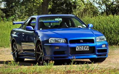 sportcars, Nissan Skyline GT-R, coupes, R34, bleu Horizon