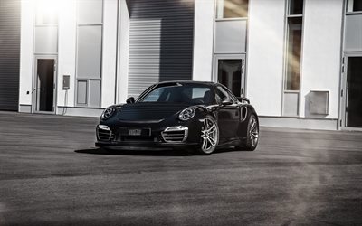 Porsche 911 Turbo, TechArt, tuning, negro, sport coupé, plata ruedas