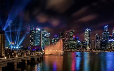 Marina Bay, rascacielos, noche, luces, Singapur